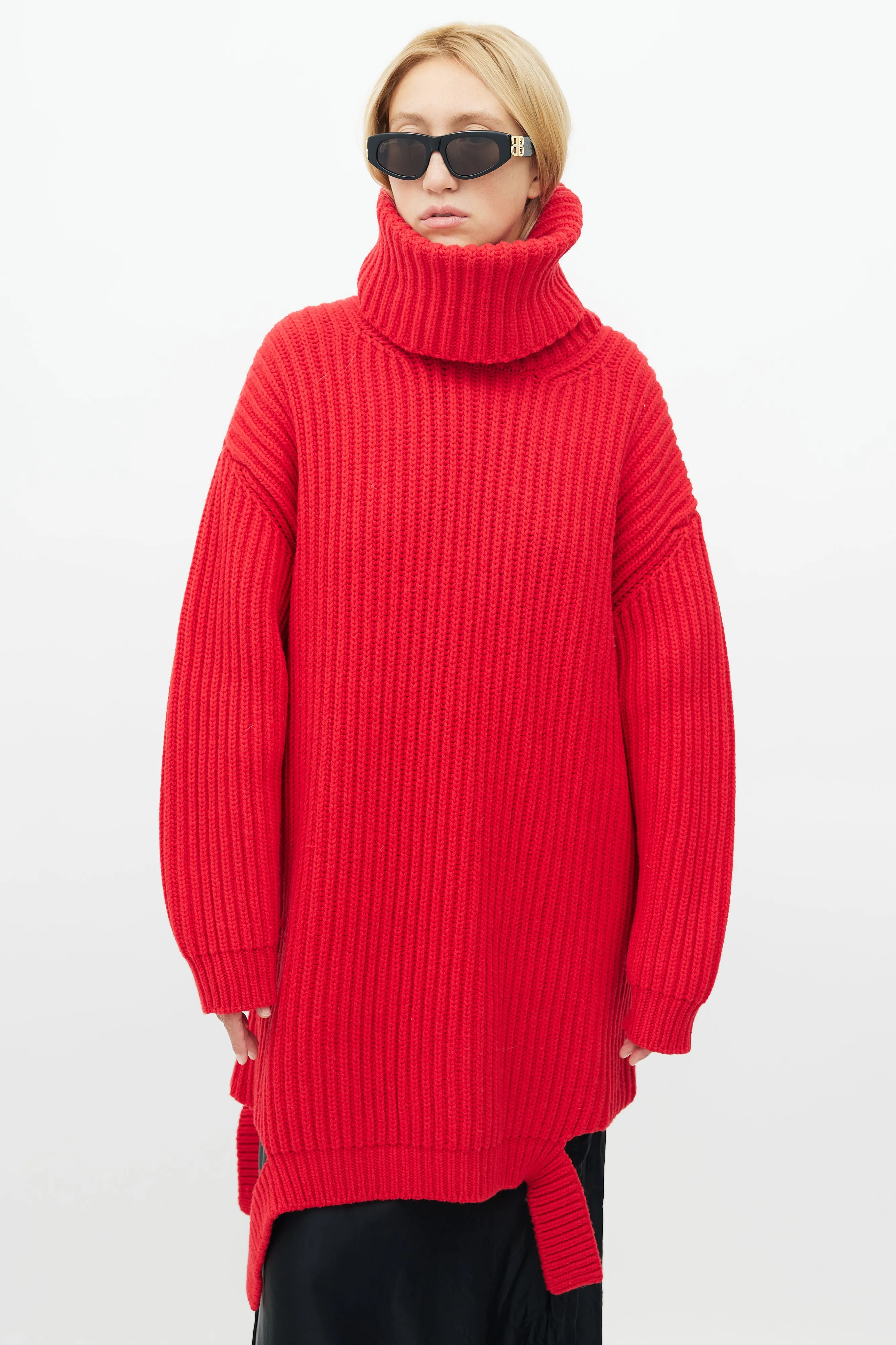 Red Ribbed Knit Sweater Dress