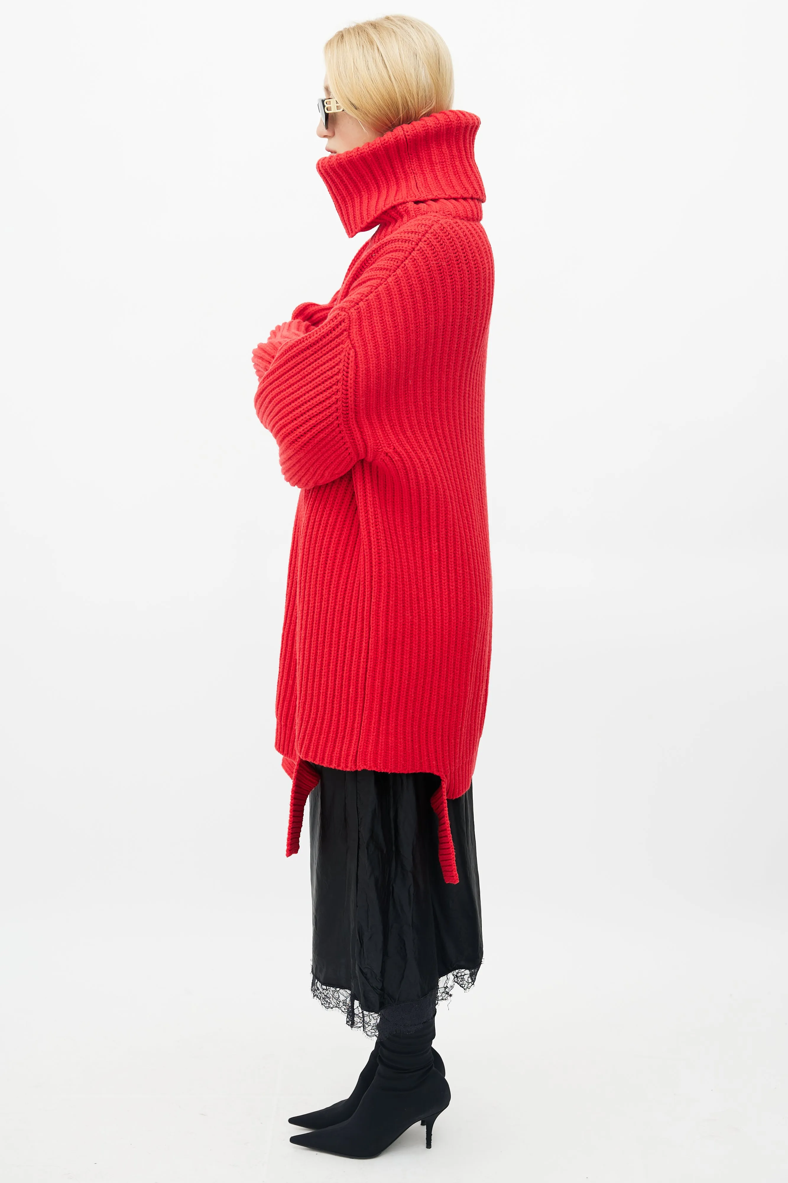 Red Ribbed Knit Sweater Dress