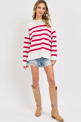 Red/Ivory Striped Pullover Oversized Sweater