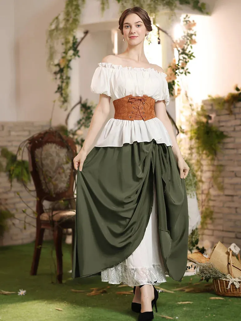 Renaissance Elastic Waist Double-Layer Lace Hem Long Skirts