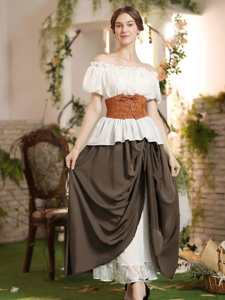 Renaissance Elastic Waist Double-Layer Lace Hem Long Skirts