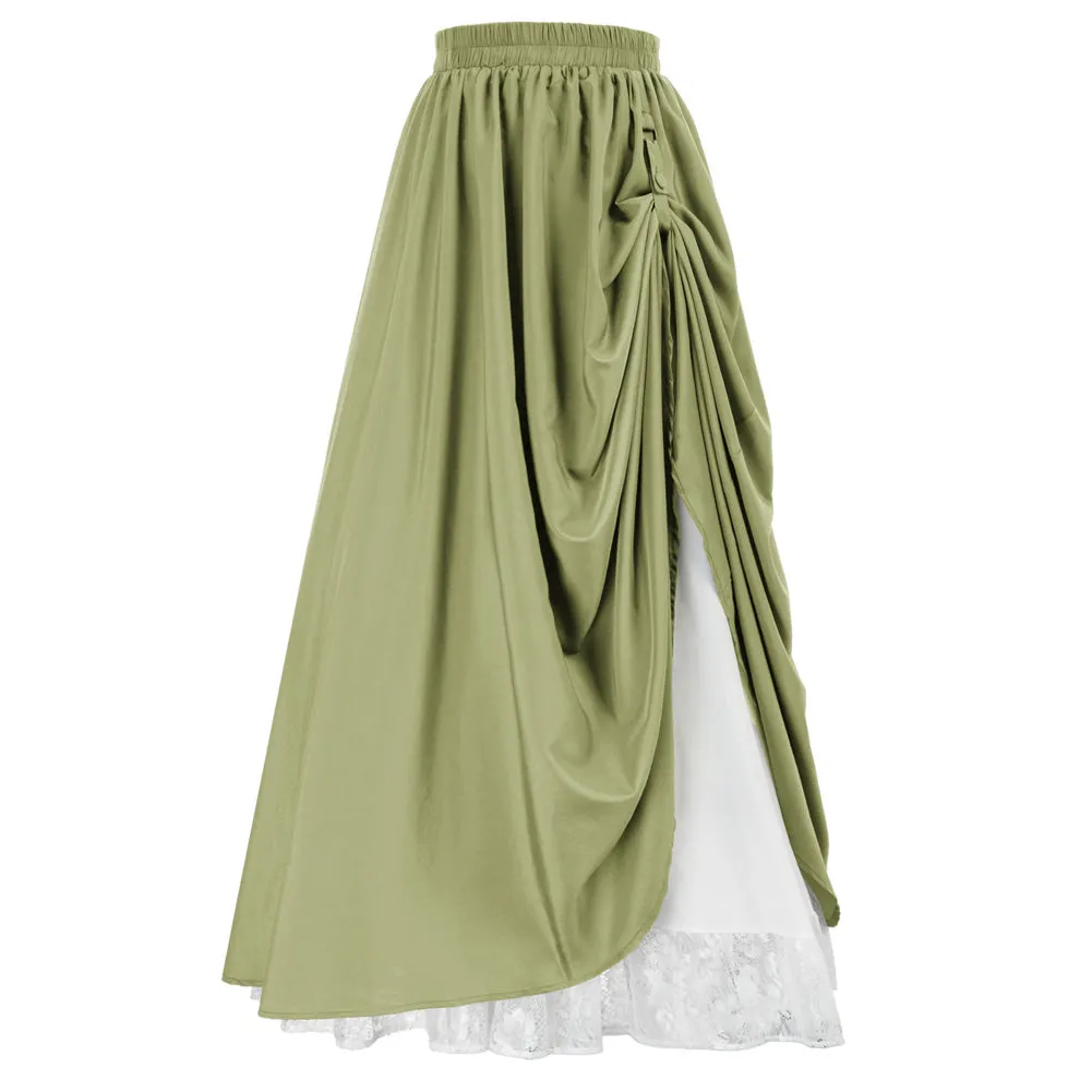 Renaissance Elastic Waist Double-Layer Lace Hem Long Skirts