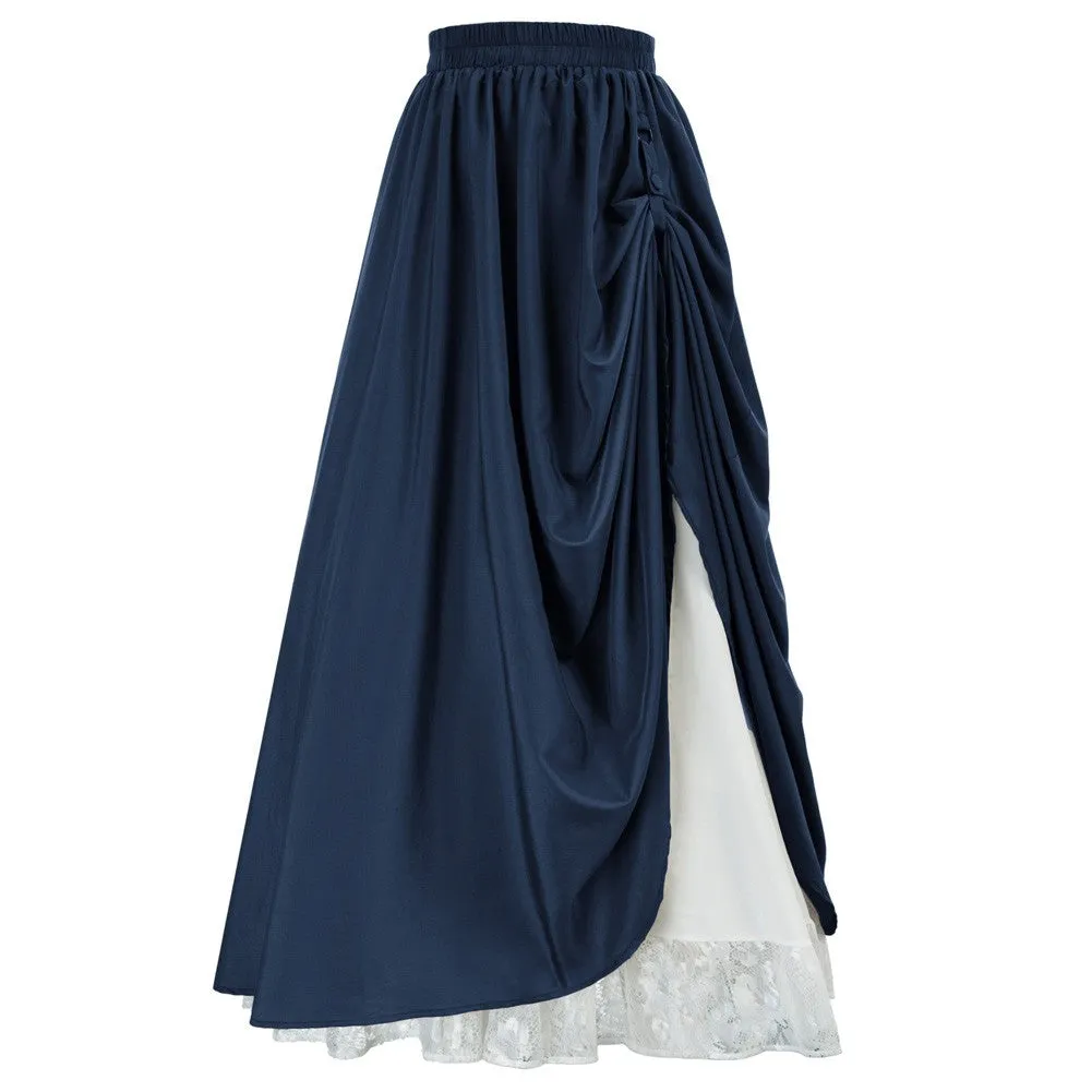 Renaissance Elastic Waist Double-Layer Lace Hem Long Skirts