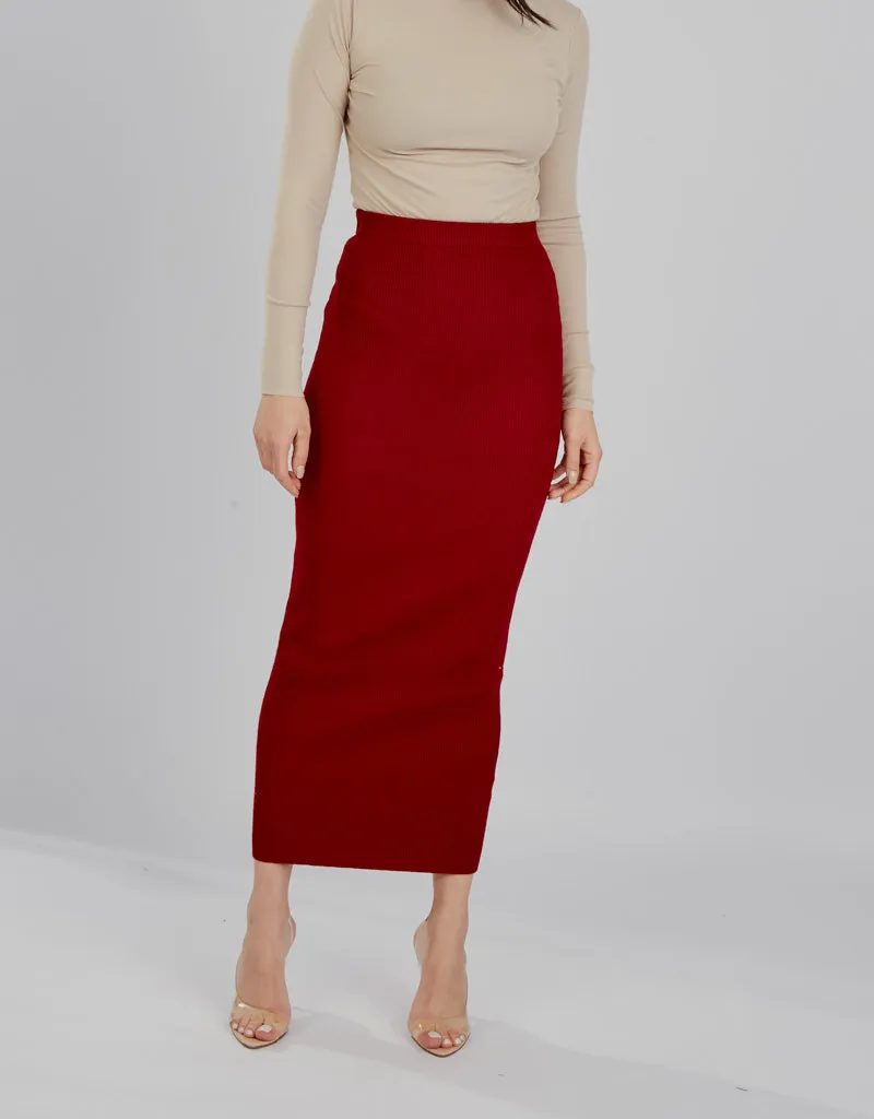 Ribbed Knit Skirt - Shades of Red