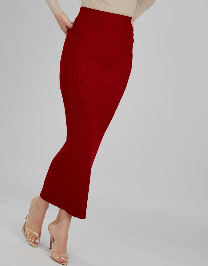 Ribbed Knit Skirt - Shades of Red