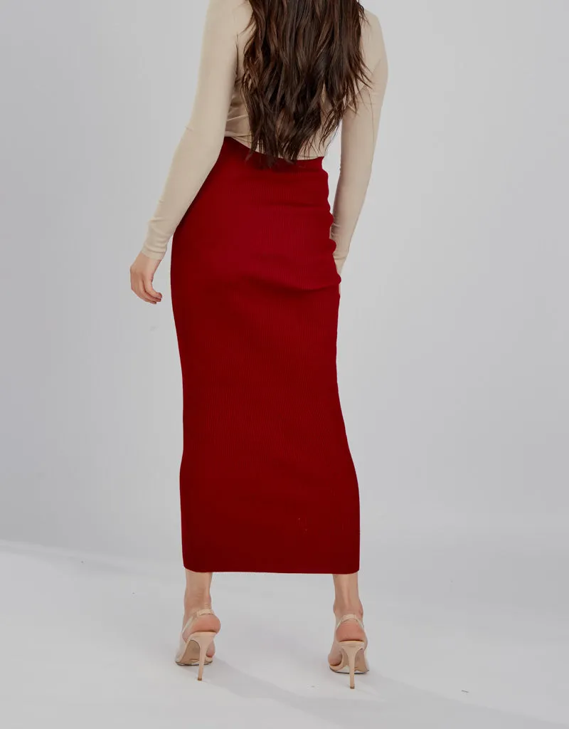 Ribbed Knit Skirt - Shades of Red