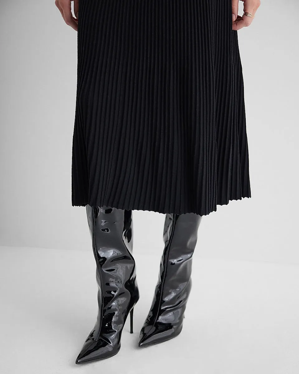 Ribbed V-Neck Long Sleeve Sweater Midi Dress in Pitch Black