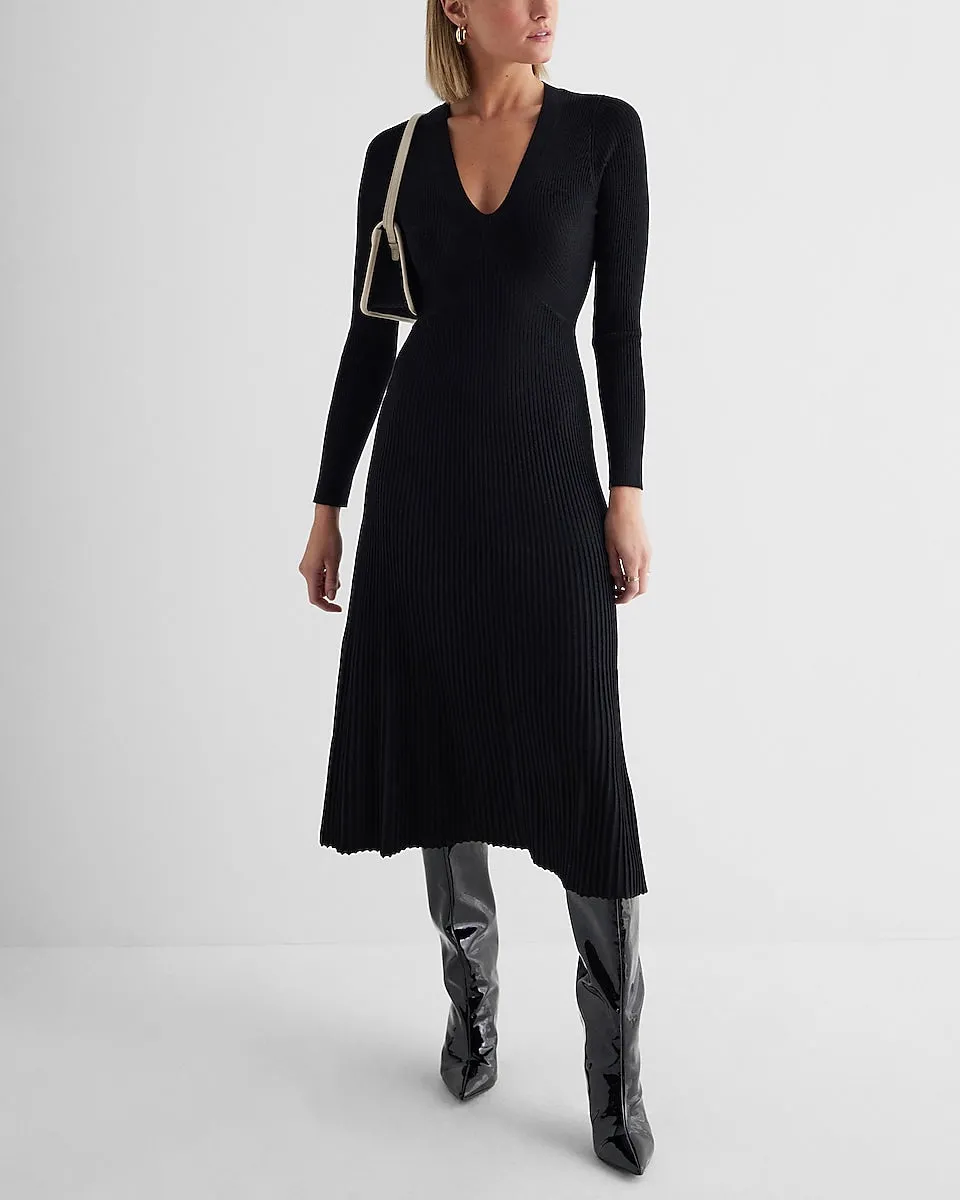 Ribbed V-Neck Long Sleeve Sweater Midi Dress in Pitch Black