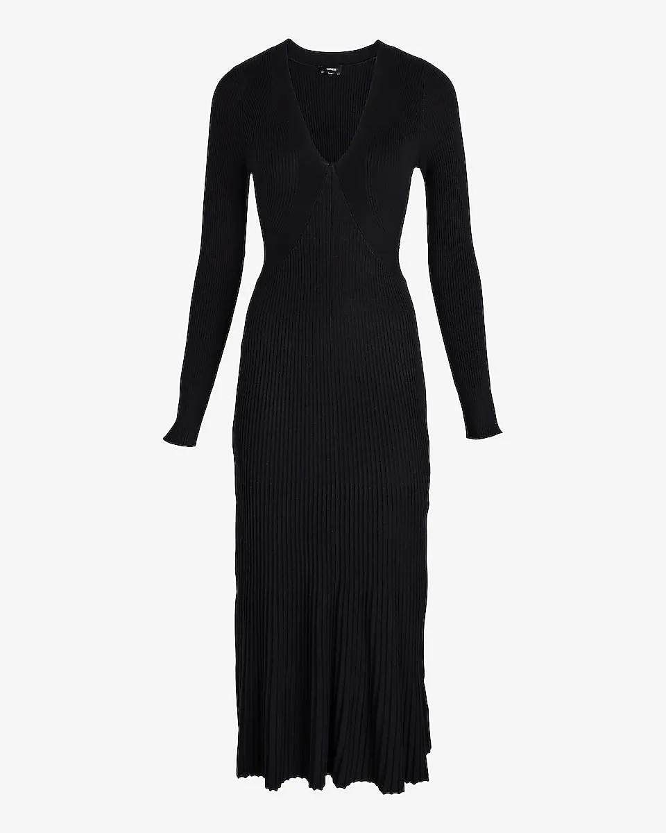 Ribbed V-Neck Long Sleeve Sweater Midi Dress in Pitch Black