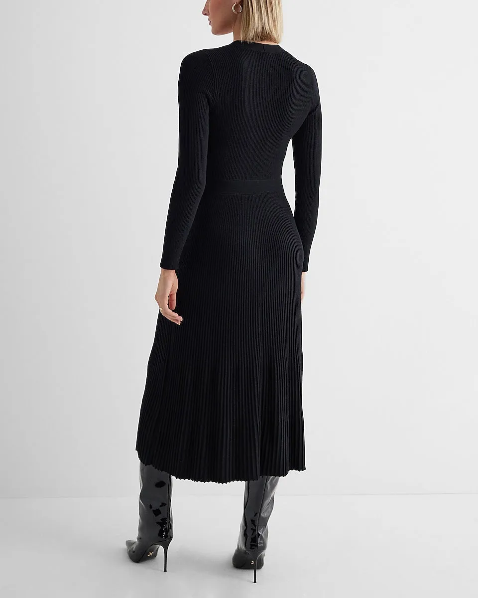 Ribbed V-Neck Long Sleeve Sweater Midi Dress in Pitch Black