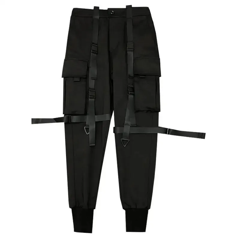 Ribbon Pocket Techwear Black Cargo Pants