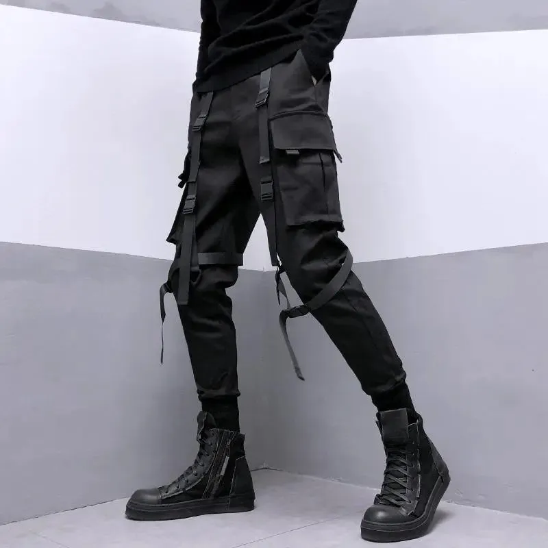 Ribbon Pocket Techwear Black Cargo Pants