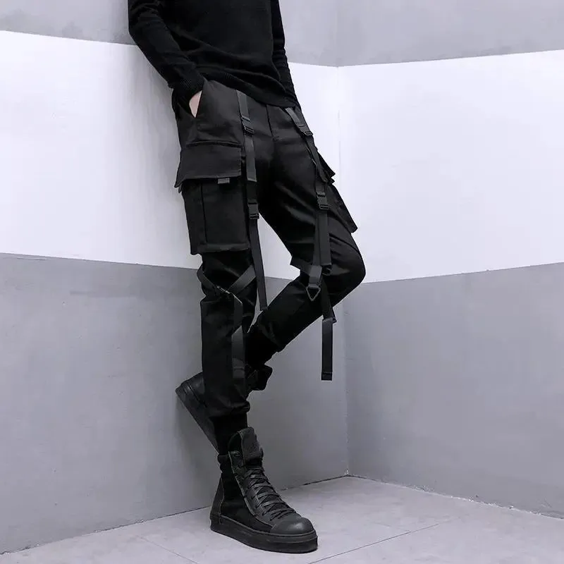 Ribbon Pocket Techwear Black Cargo Pants