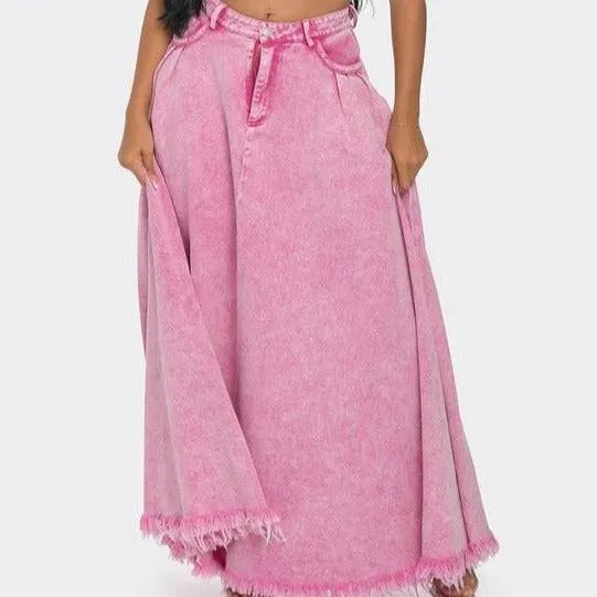 Rosaline High Rise Washed Denim Maxi A-Line Skirt