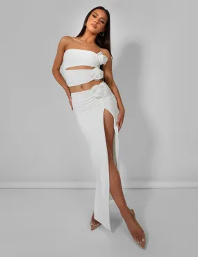 Rose Detail Extreme Split Maxi Skirt Ivory