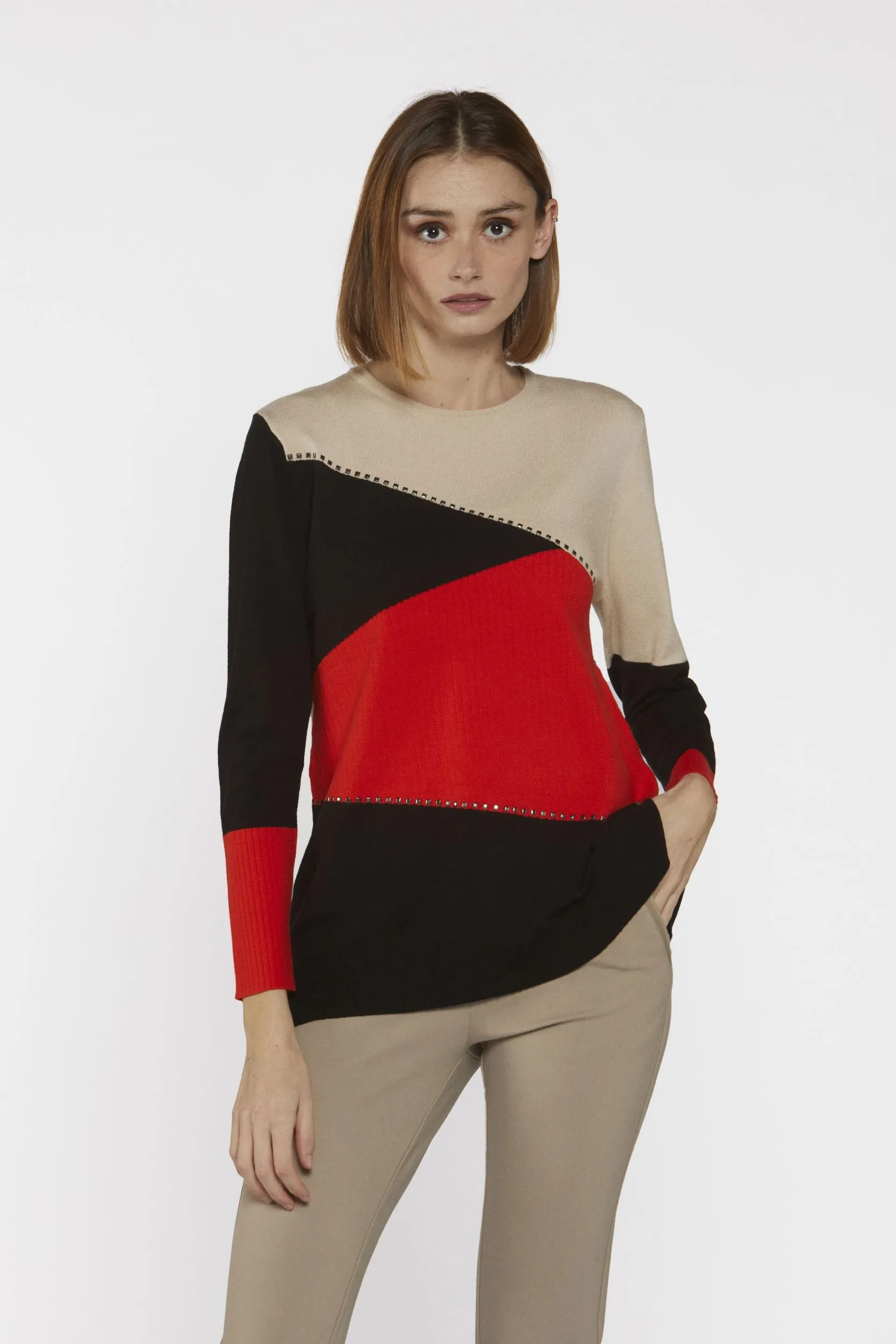 Round Neck Colour block jumper black sand orange with stud detail