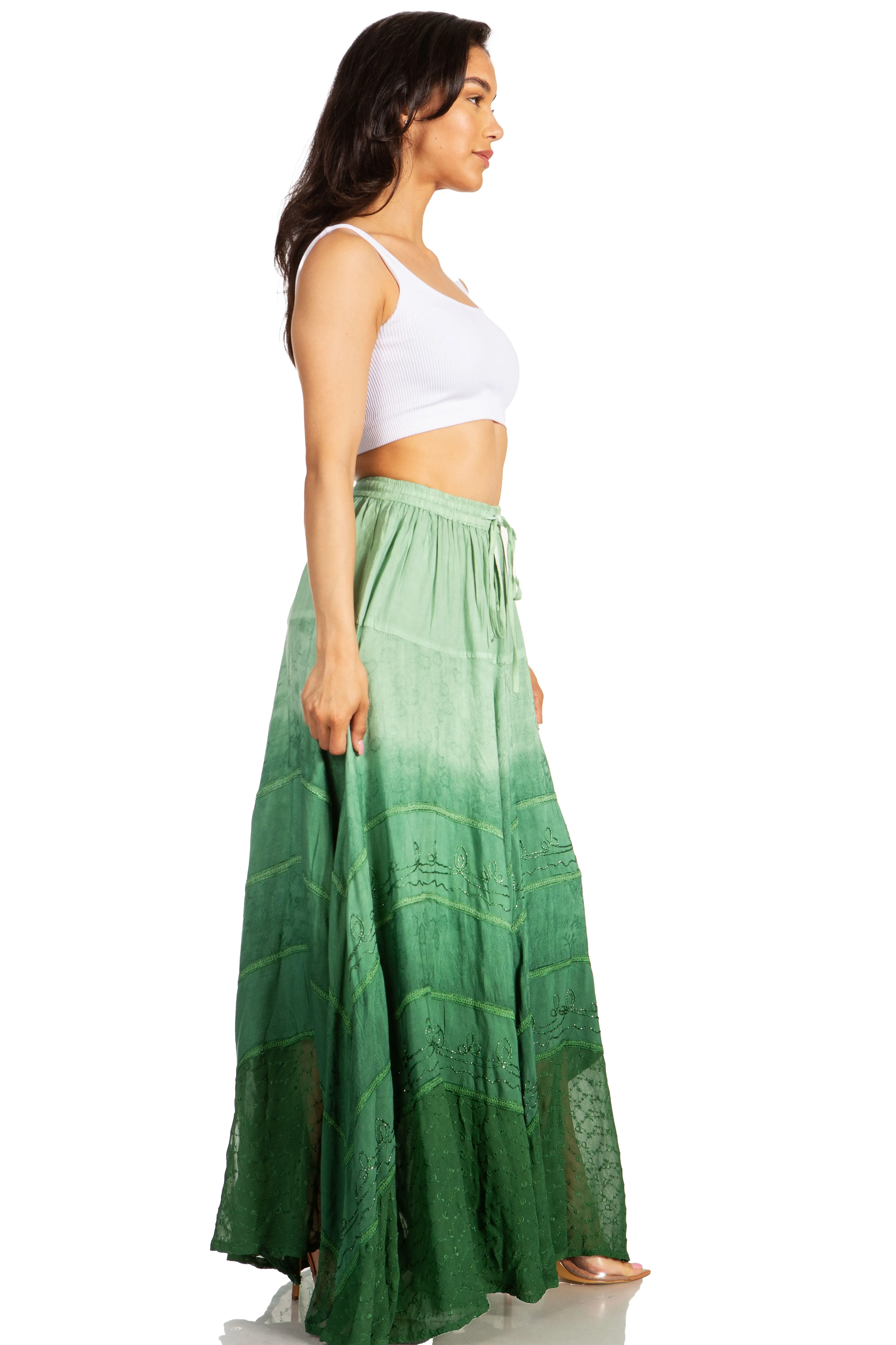 Sakkas Lyra Womens Bohemian Soft Brocade Rayon Tiered Embroidered Flowy Long Skirt