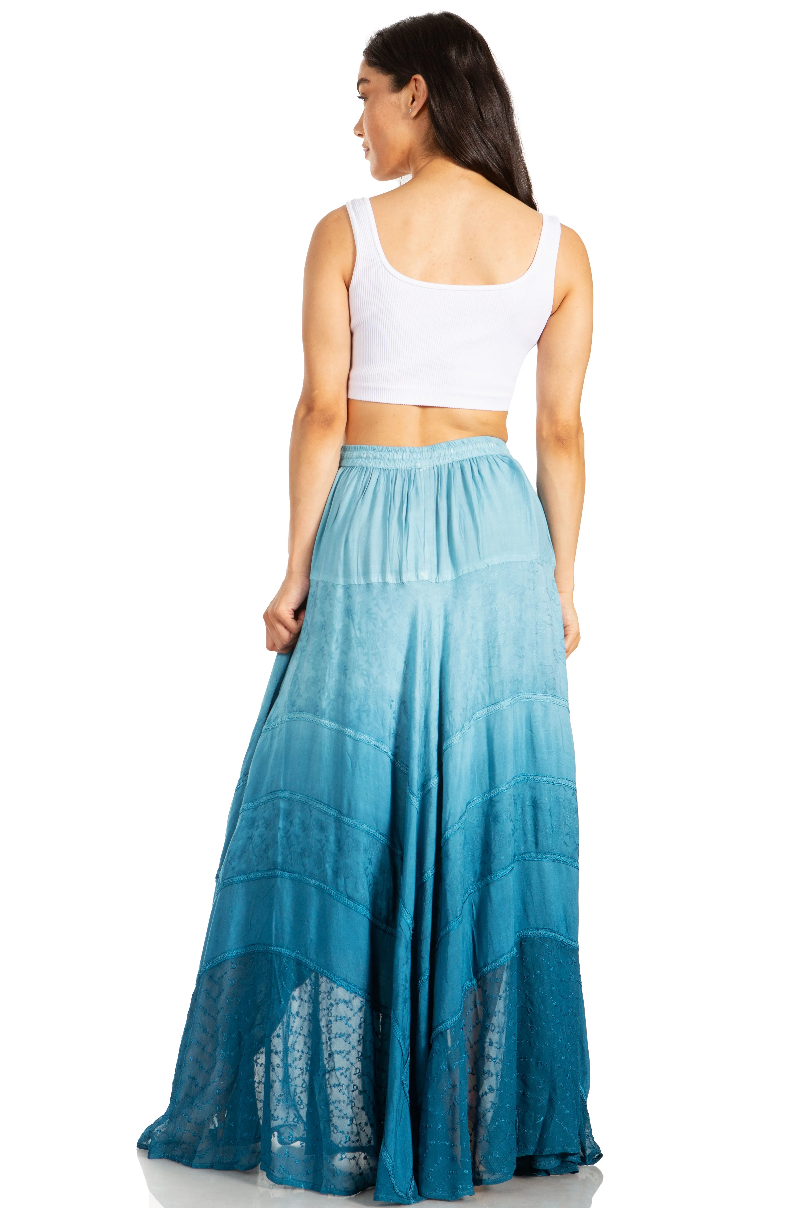 Sakkas Lyra Womens Bohemian Soft Brocade Rayon Tiered Embroidered Flowy Long Skirt