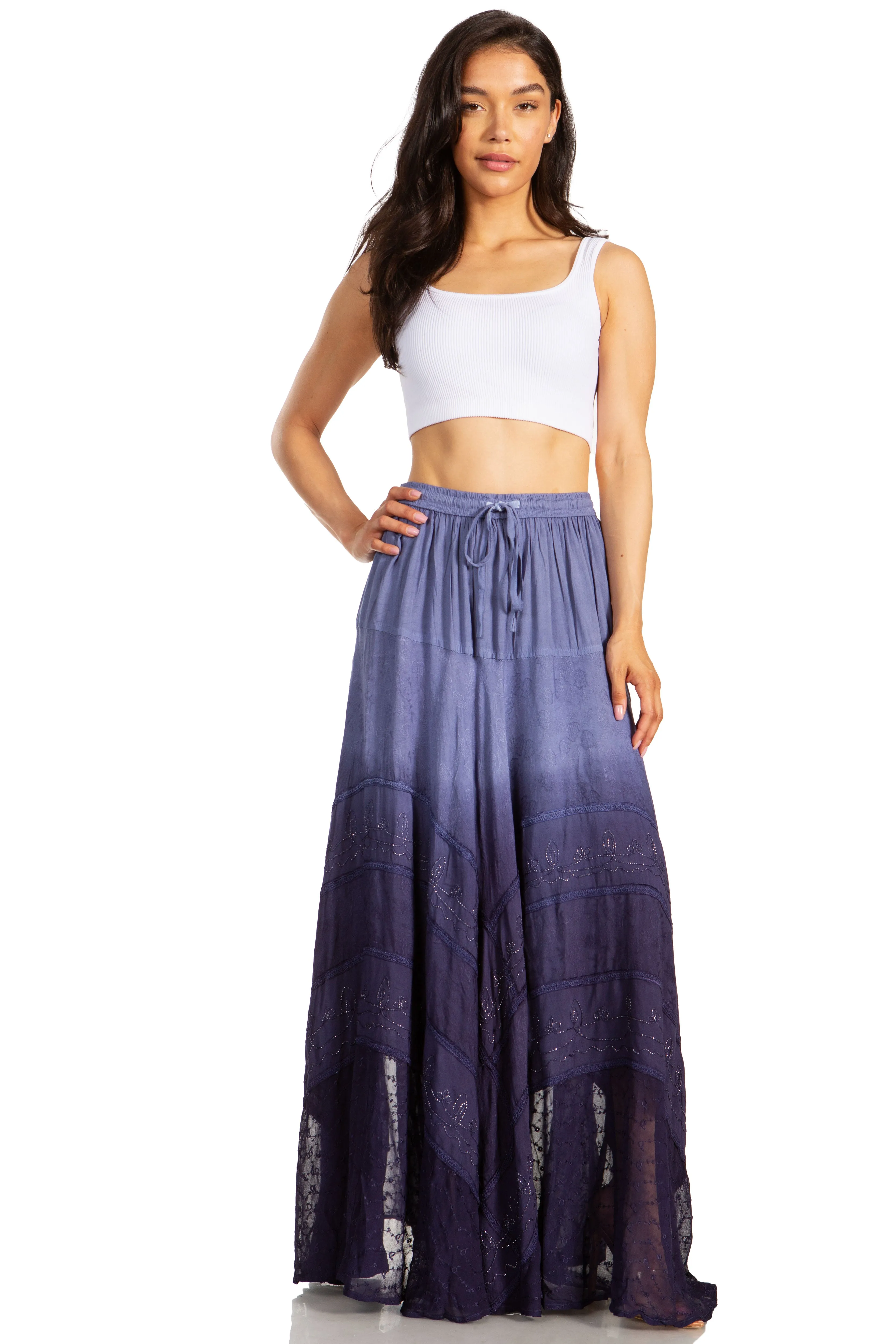 Sakkas Lyra Womens Bohemian Soft Brocade Rayon Tiered Embroidered Flowy Long Skirt