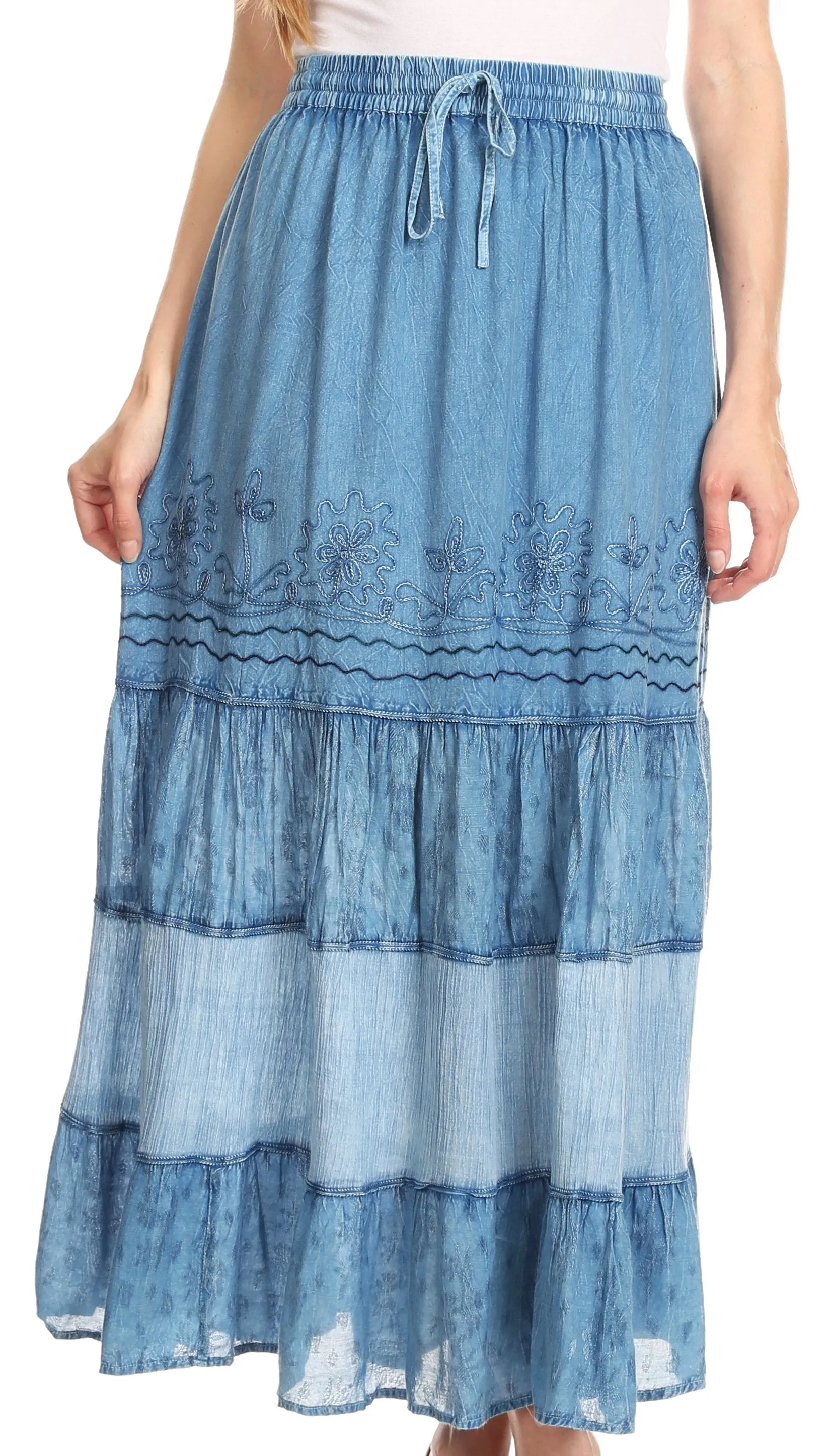 Sakkas Tania Long Bohemian Embroidered Maxi Skirt with Adjustable Waist