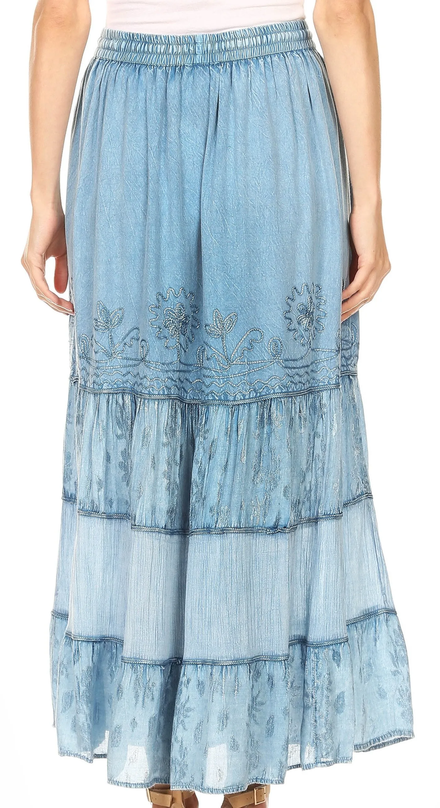 Sakkas Tania Long Bohemian Embroidered Maxi Skirt with Adjustable Waist