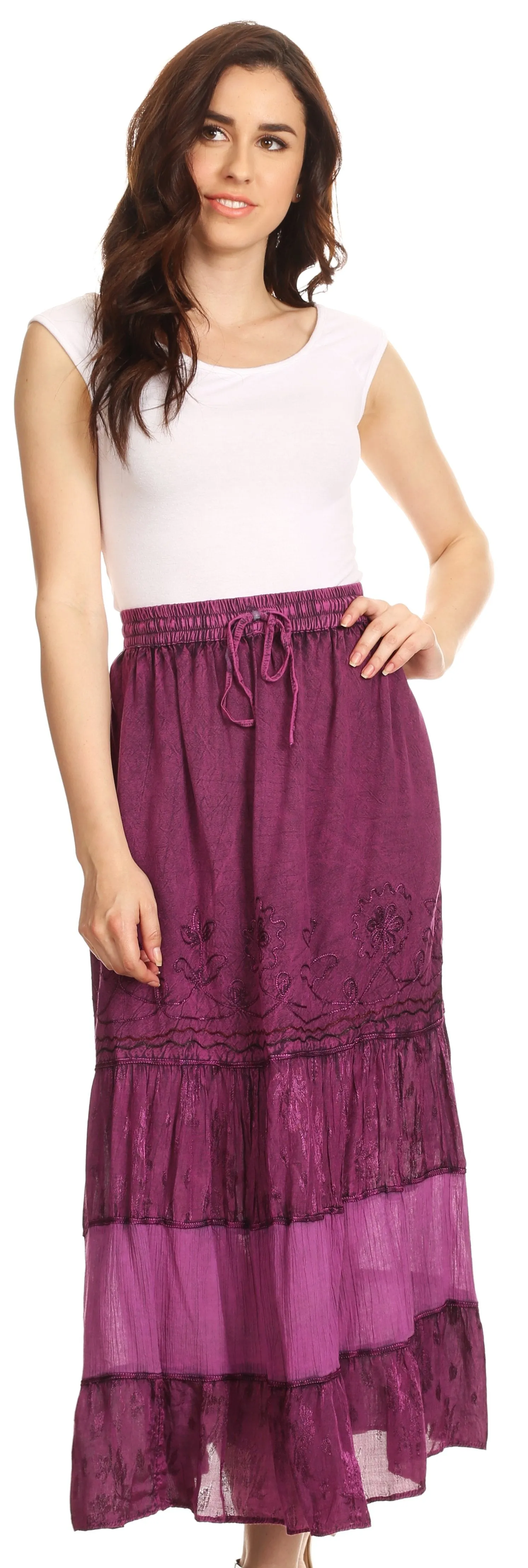 Sakkas Tania Long Bohemian Embroidered Maxi Skirt with Adjustable Waist