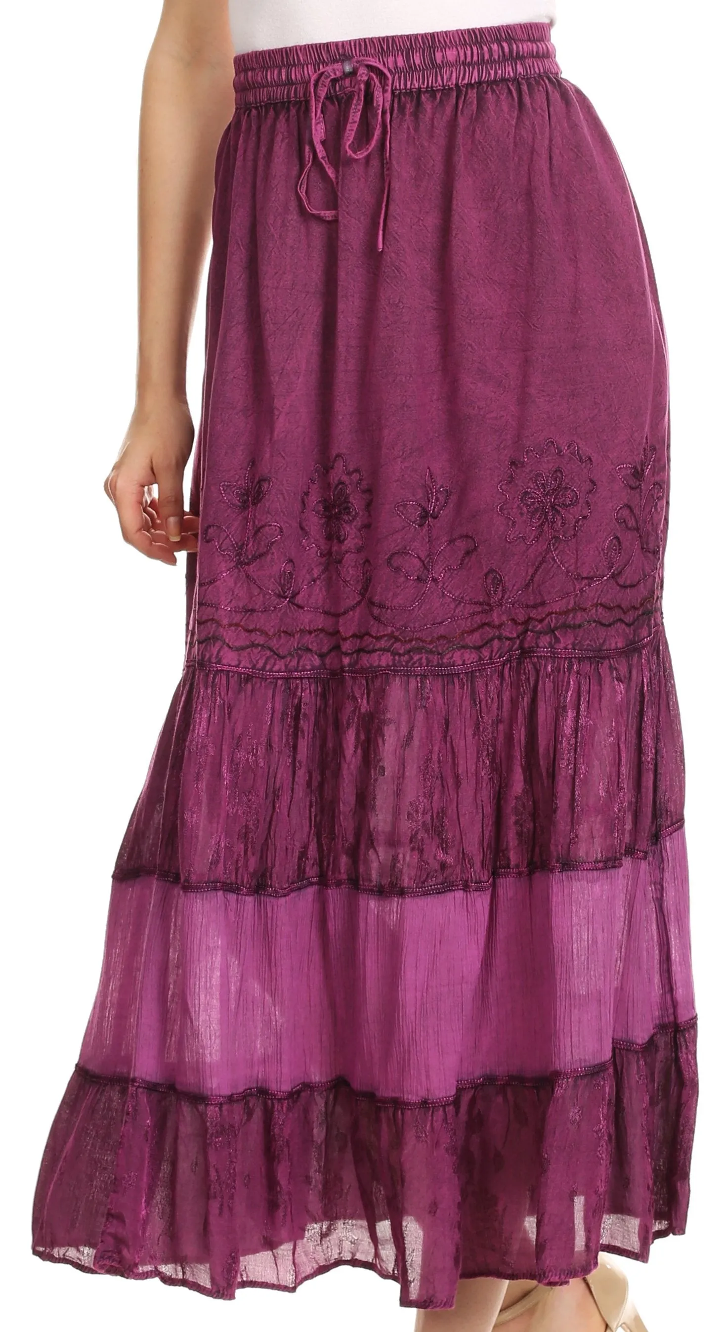 Sakkas Tania Long Bohemian Embroidered Maxi Skirt with Adjustable Waist