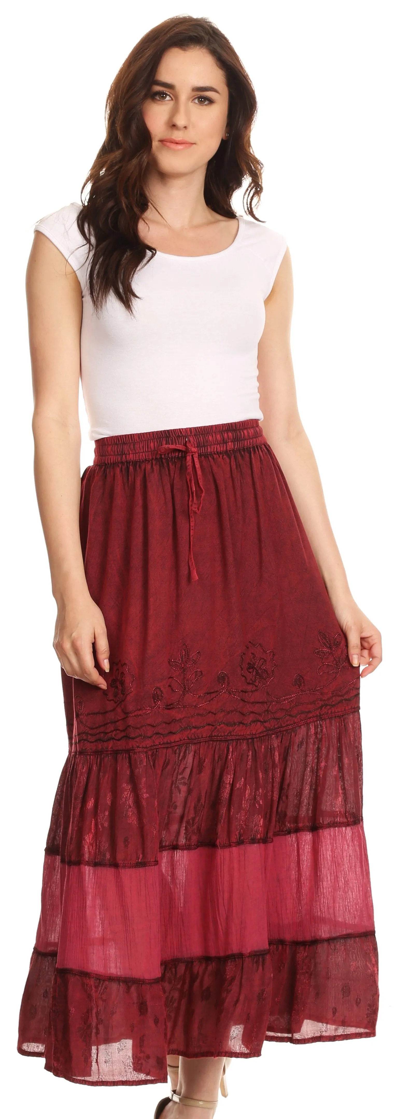 Sakkas Tania Long Bohemian Embroidered Maxi Skirt with Adjustable Waist