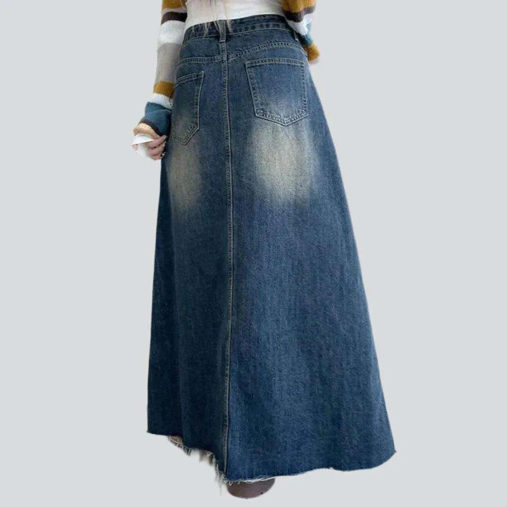 Sanded floor-length denim skirt