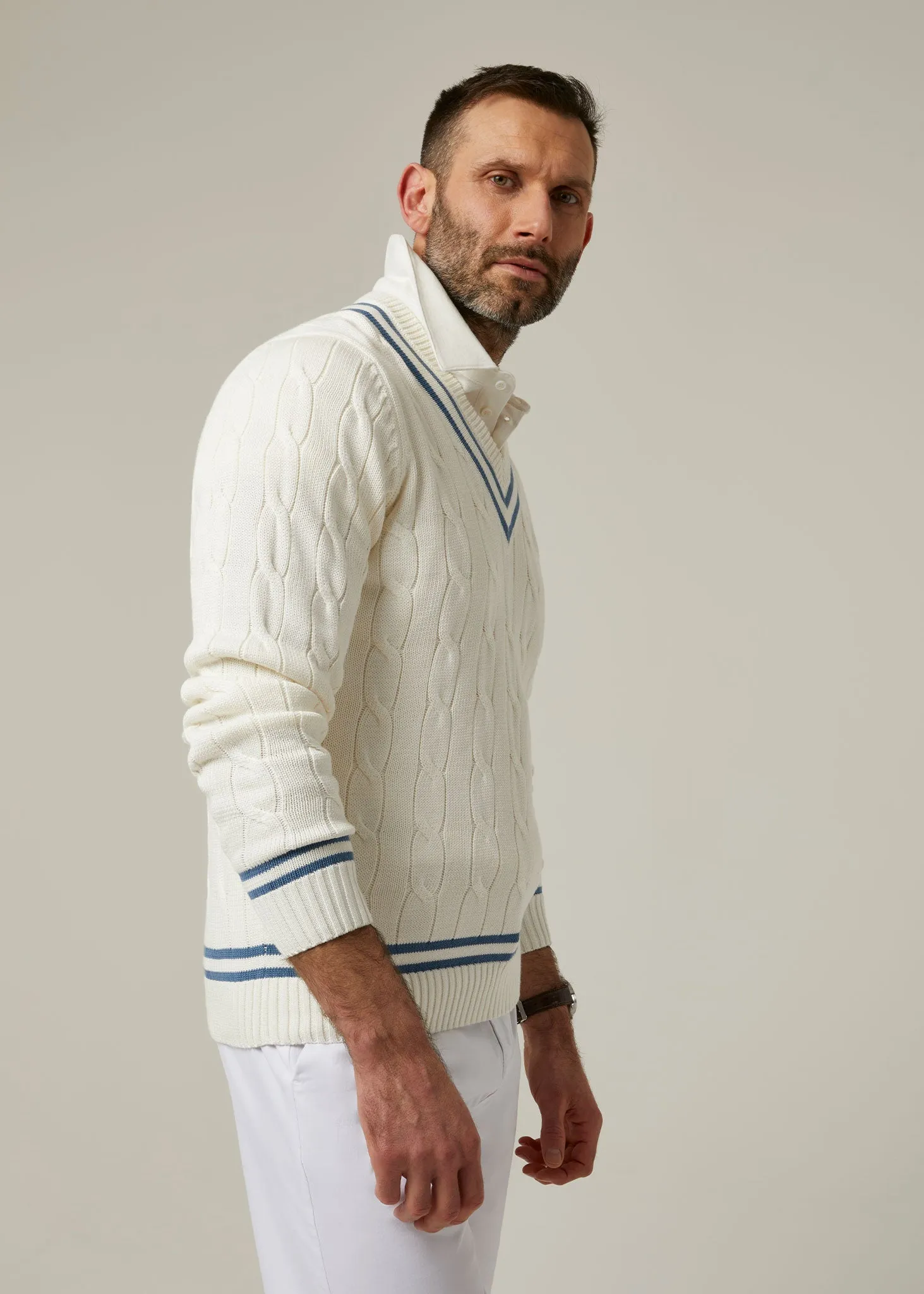 Sandridge Cable Knit Cricket Jumper In Ecru & Airforce