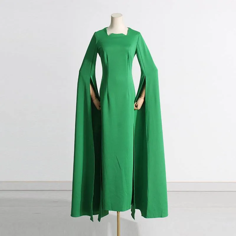 Shanon Cloak Sleeve Pointed Collar Green Maxi Dress