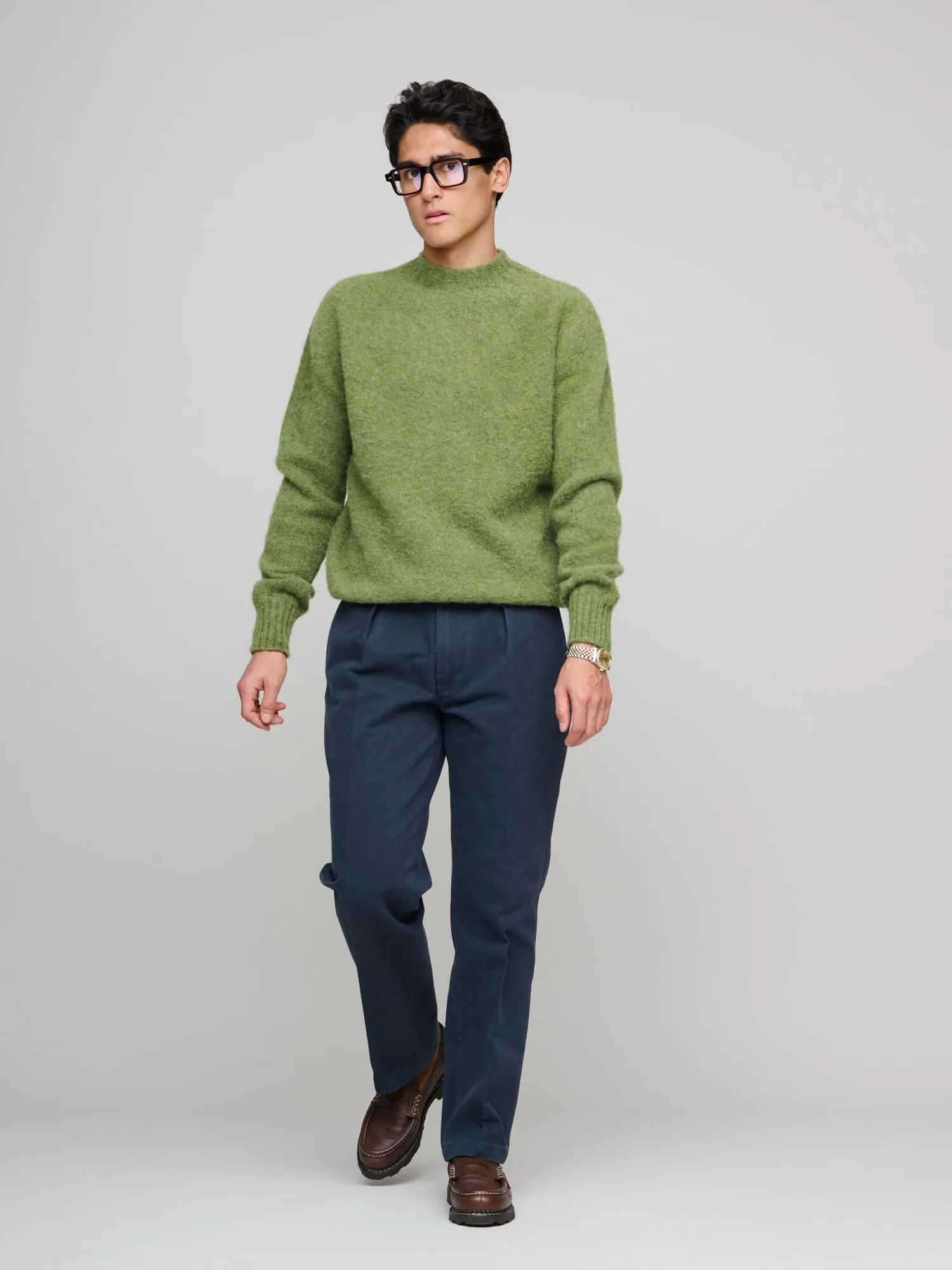 Shetland Crewneck Jumper, Moss Green Melange