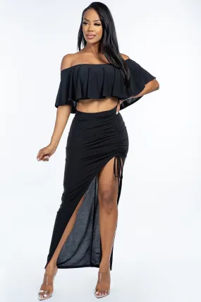 Solid Ity Off The Shoulder Ruffled Cropped Top And Ruched Maxi Skirt Set - 2 colors - Ships from The US