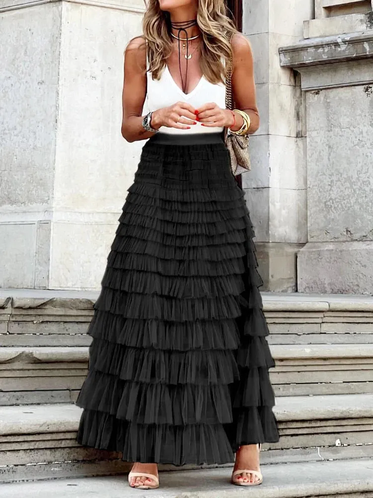 Solid Multilayer Ruffle Mesh Skirt Women Boho High Waist Long Maxi Tulle Skirt Spring Summer Party Women's Clothing