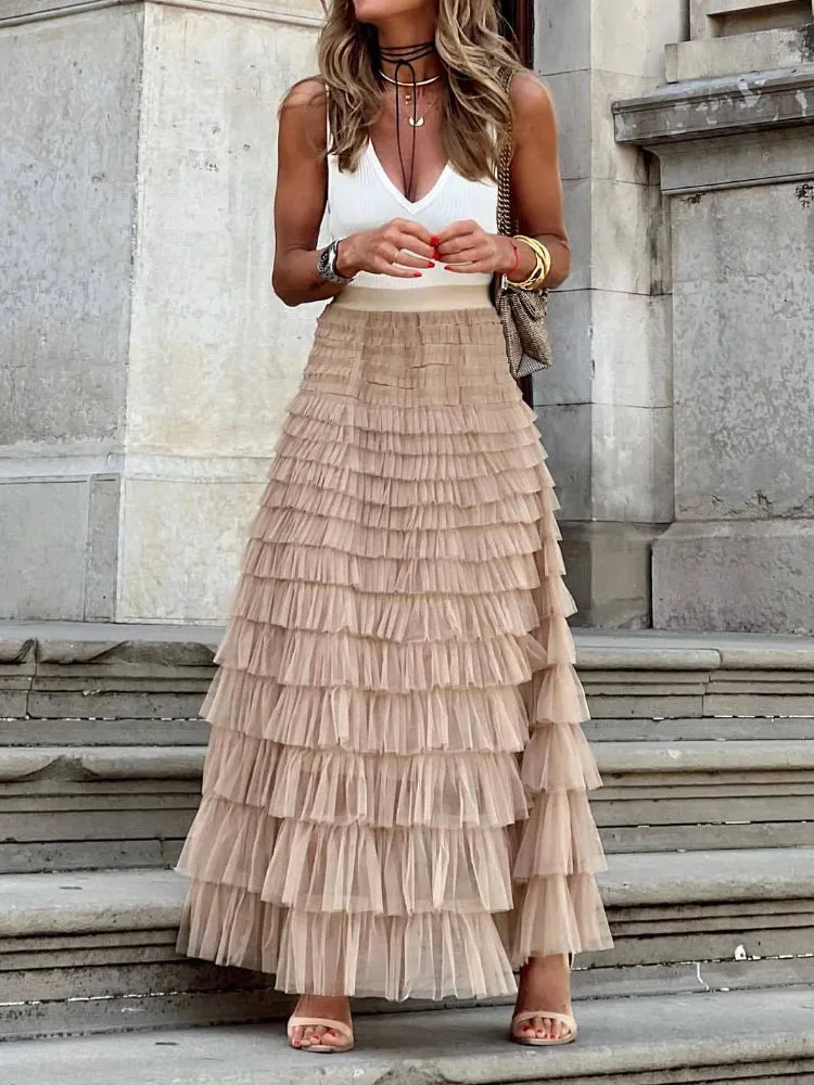 Solid Multilayer Ruffle Mesh Skirt Women Boho High Waist Long Maxi Tulle Skirt Spring Summer Party Women's Clothing