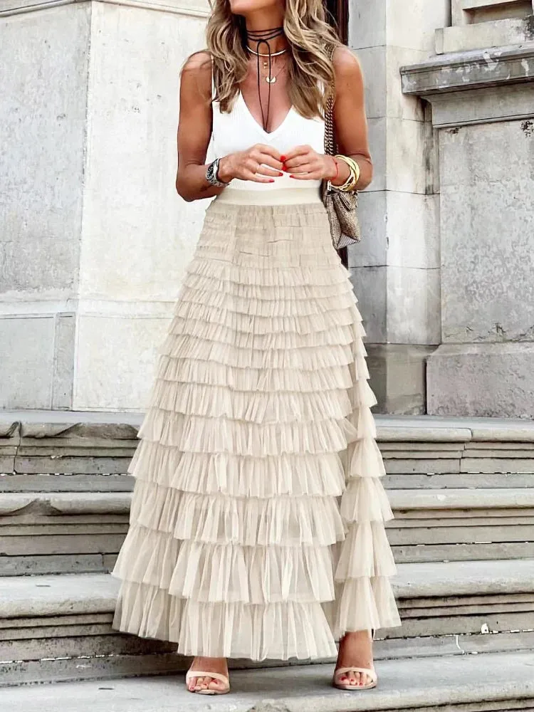 Solid Multilayer Ruffle Mesh Skirt Women Boho High Waist Long Maxi Tulle Skirt Spring Summer Party Women's Clothing