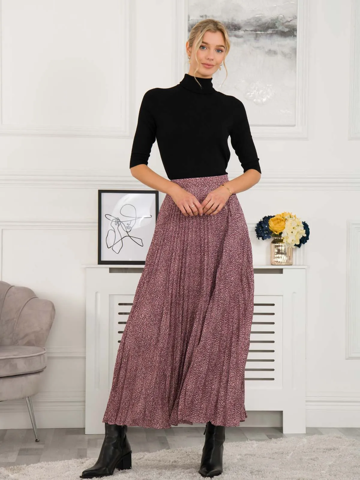 Sonia Pleated Maxi Skirt, Pink Animal