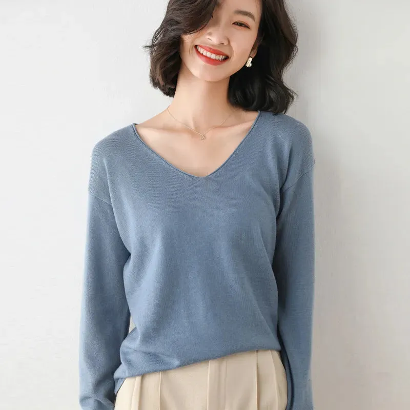 Spring Autumn Wool Blend Sweaters Women Fashion Sexy V-neck Pullover Loose Batwing Sleeve Plus Size Knitted Tops 200929