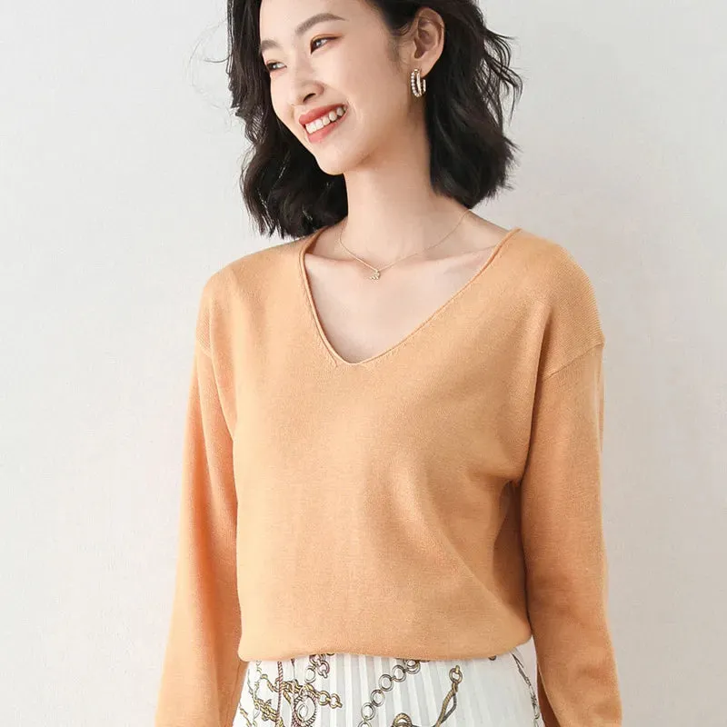 Spring Autumn Wool Blend Sweaters Women Fashion Sexy V-neck Pullover Loose Batwing Sleeve Plus Size Knitted Tops 200929