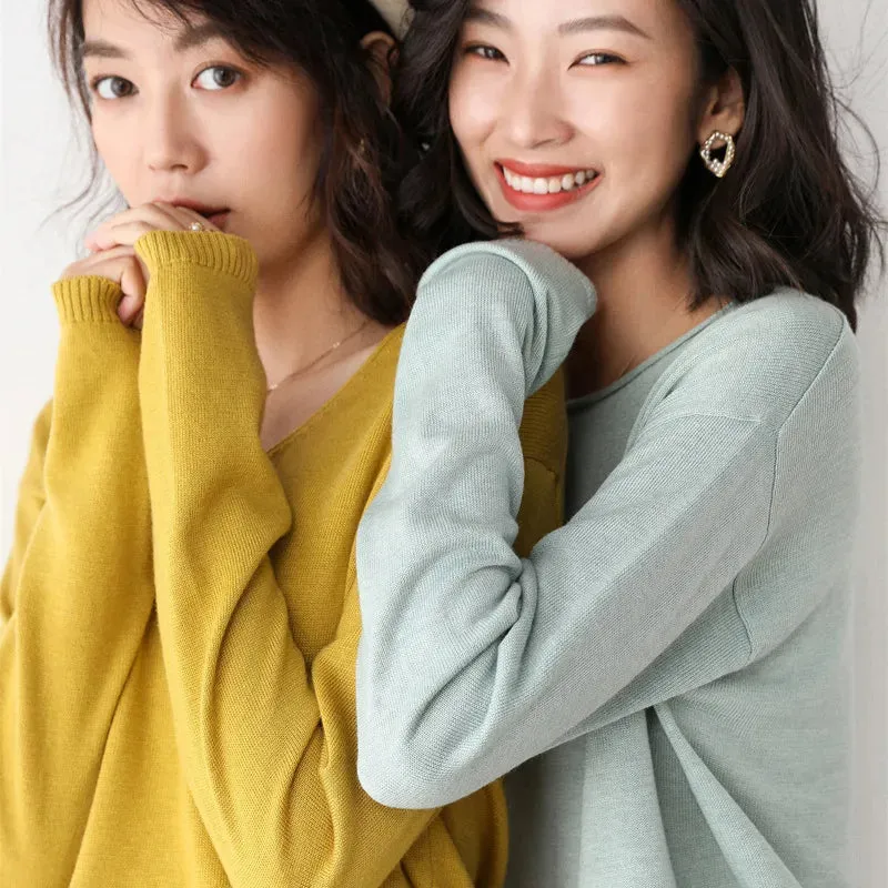 Spring Autumn Wool Blend Sweaters Women Fashion Sexy V-neck Pullover Loose Batwing Sleeve Plus Size Knitted Tops 200929