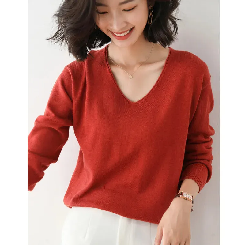 Spring Autumn Wool Blend Sweaters Women Fashion Sexy V-neck Pullover Loose Batwing Sleeve Plus Size Knitted Tops 200929