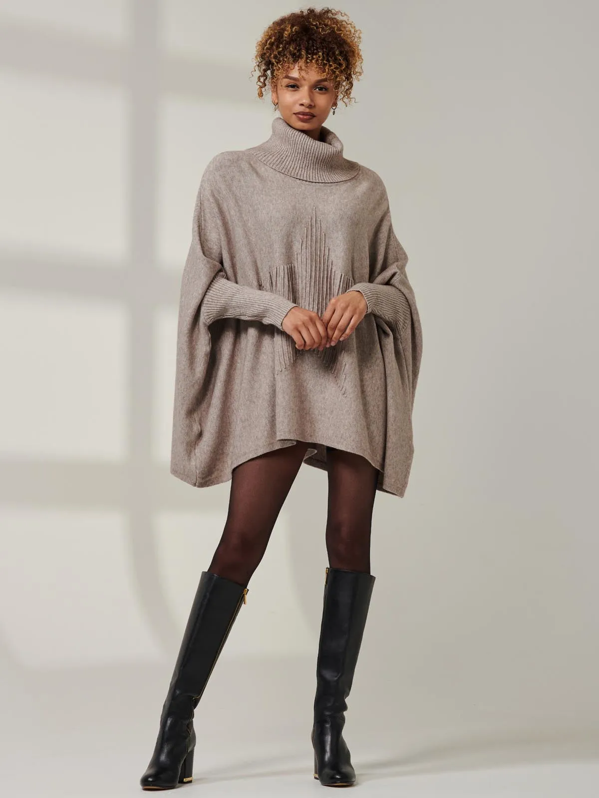 Star Front Roll Neck Knit Jumper, Taupe