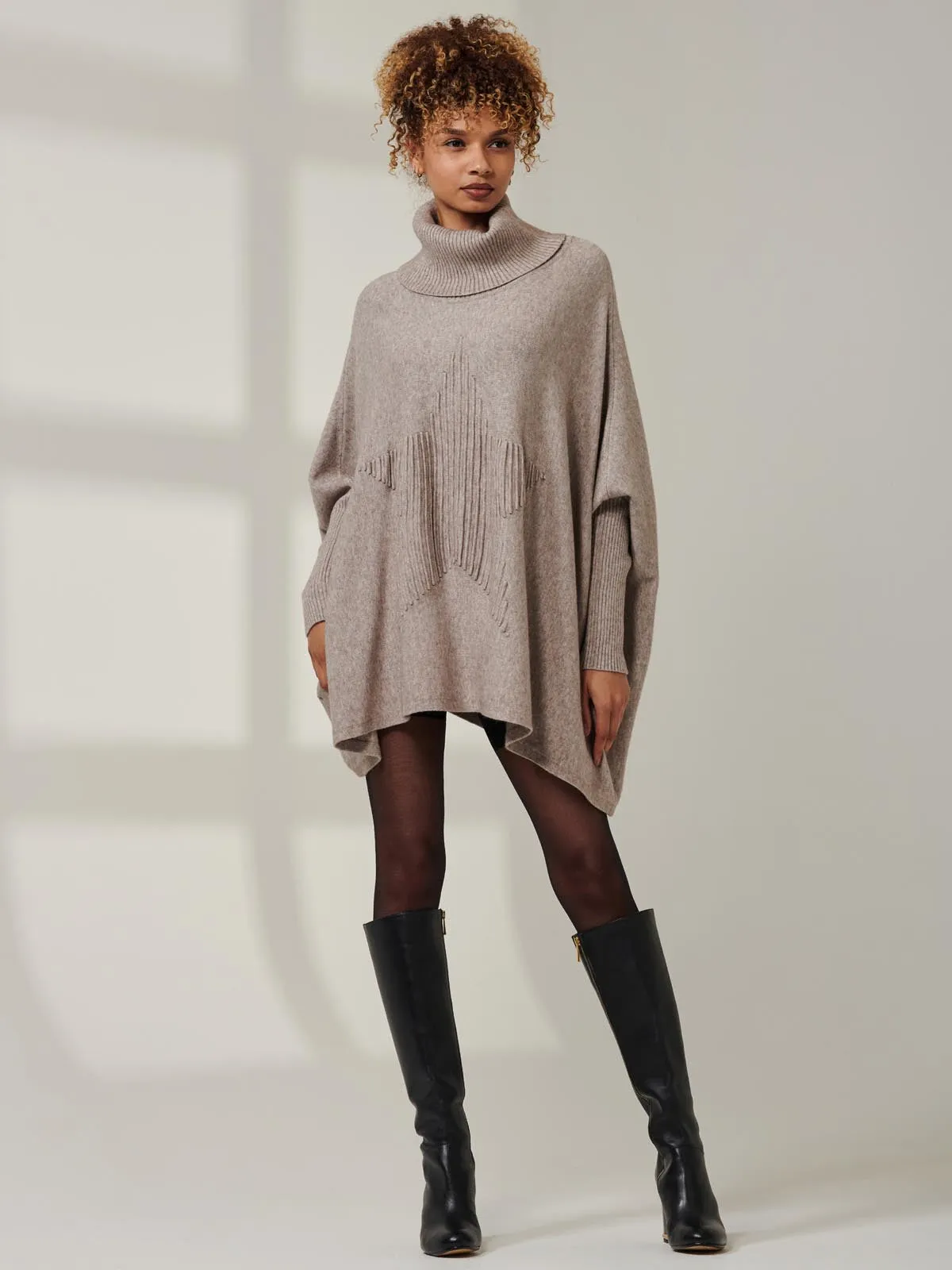 Star Front Roll Neck Knit Jumper, Taupe