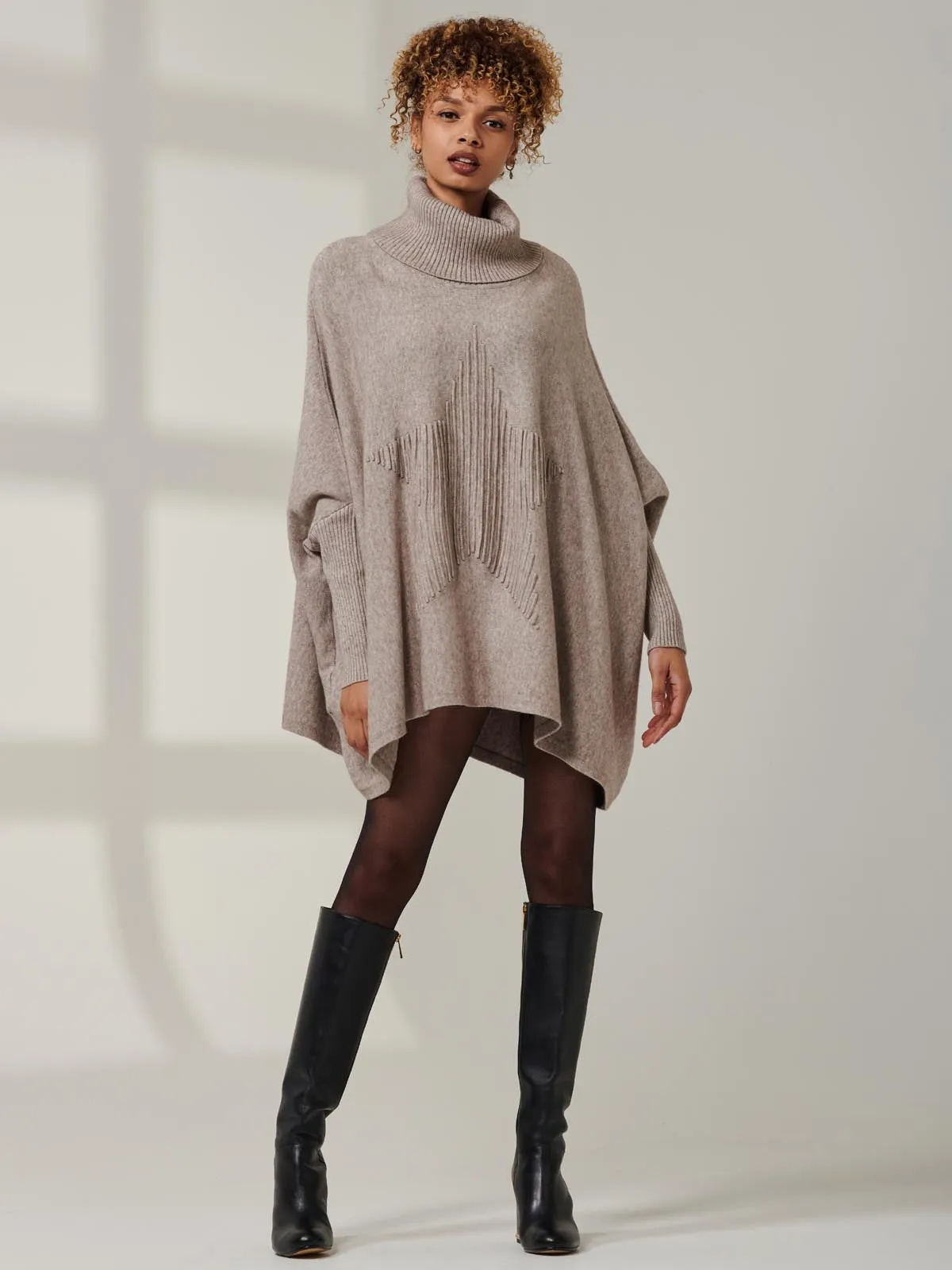 Star Front Roll Neck Knit Jumper, Taupe