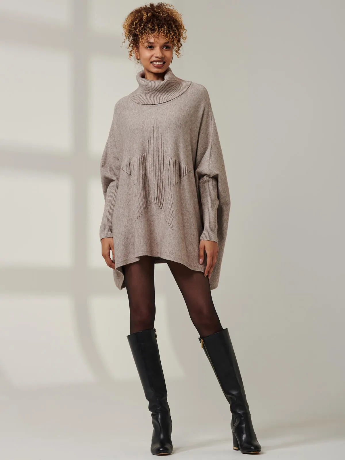 Star Front Roll Neck Knit Jumper, Taupe