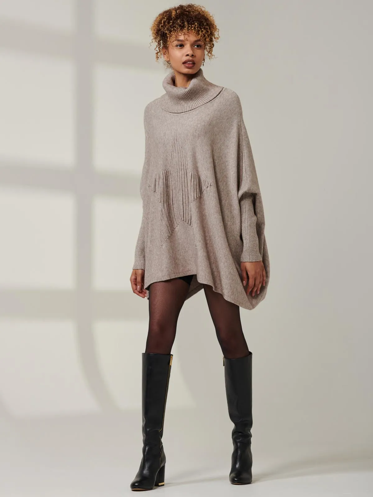 Star Front Roll Neck Knit Jumper, Taupe