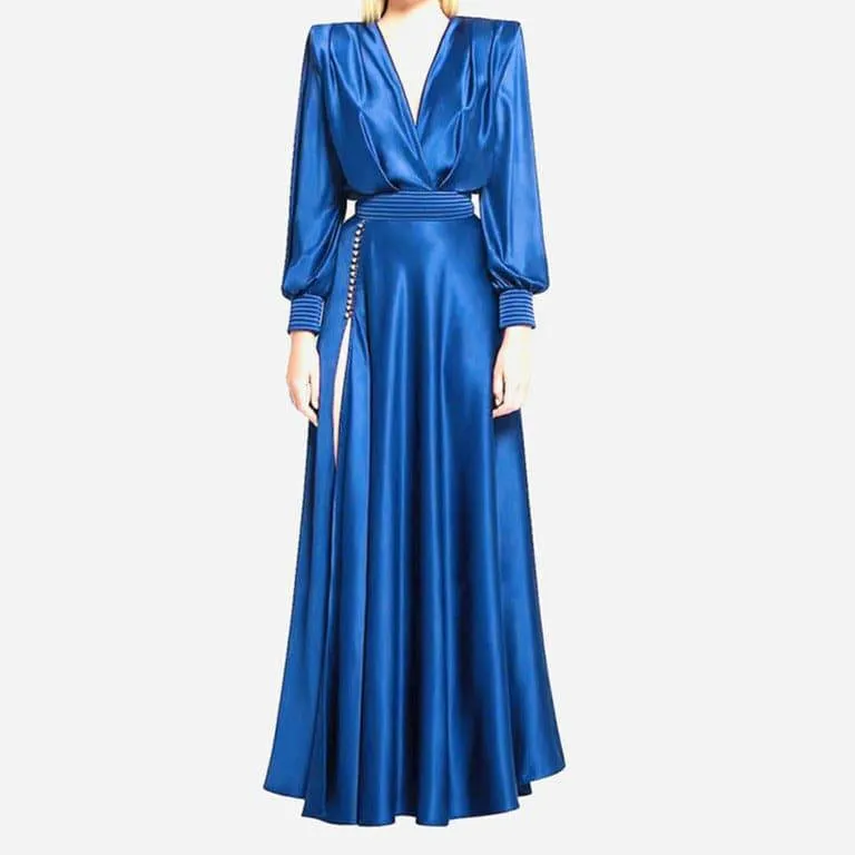 Stefani  V Neck Puff Sleeve Satin Maxi Dress