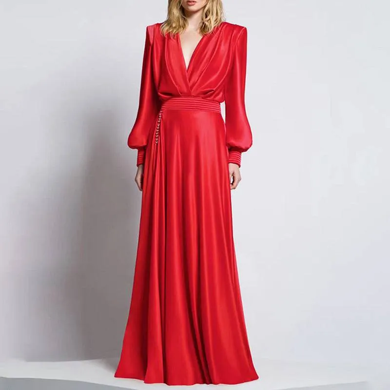 Stefani  V Neck Puff Sleeve Satin Maxi Dress