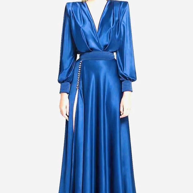 Stefani  V Neck Puff Sleeve Satin Maxi Dress