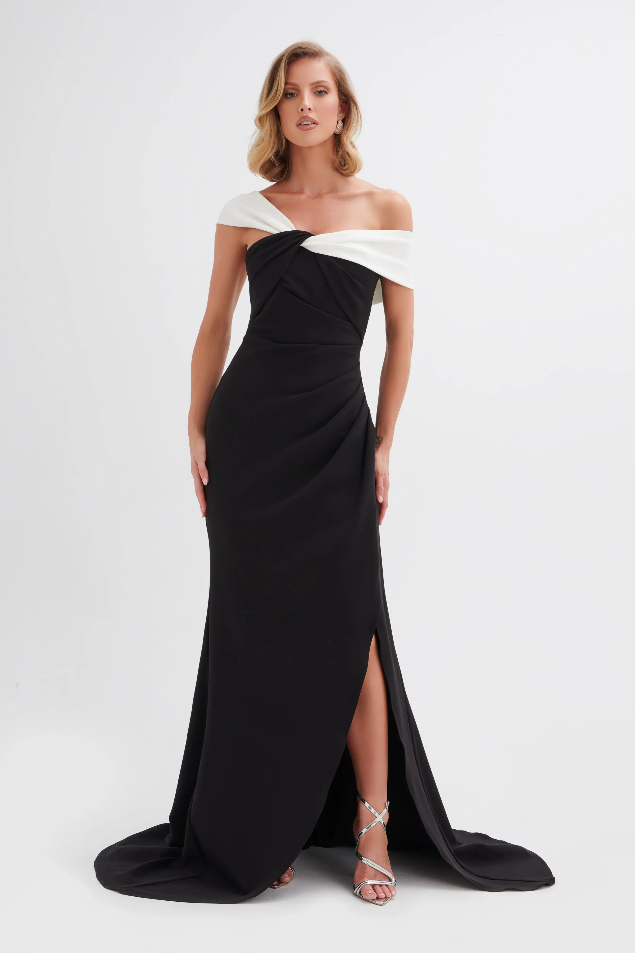 TAYLOR Twisted One Shoulder Maxi Dress with Train In Black